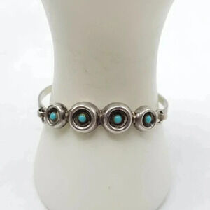 Vintage Sterling Silver Blue Turquoise Circle Eye Bangle Bracelet Mexico